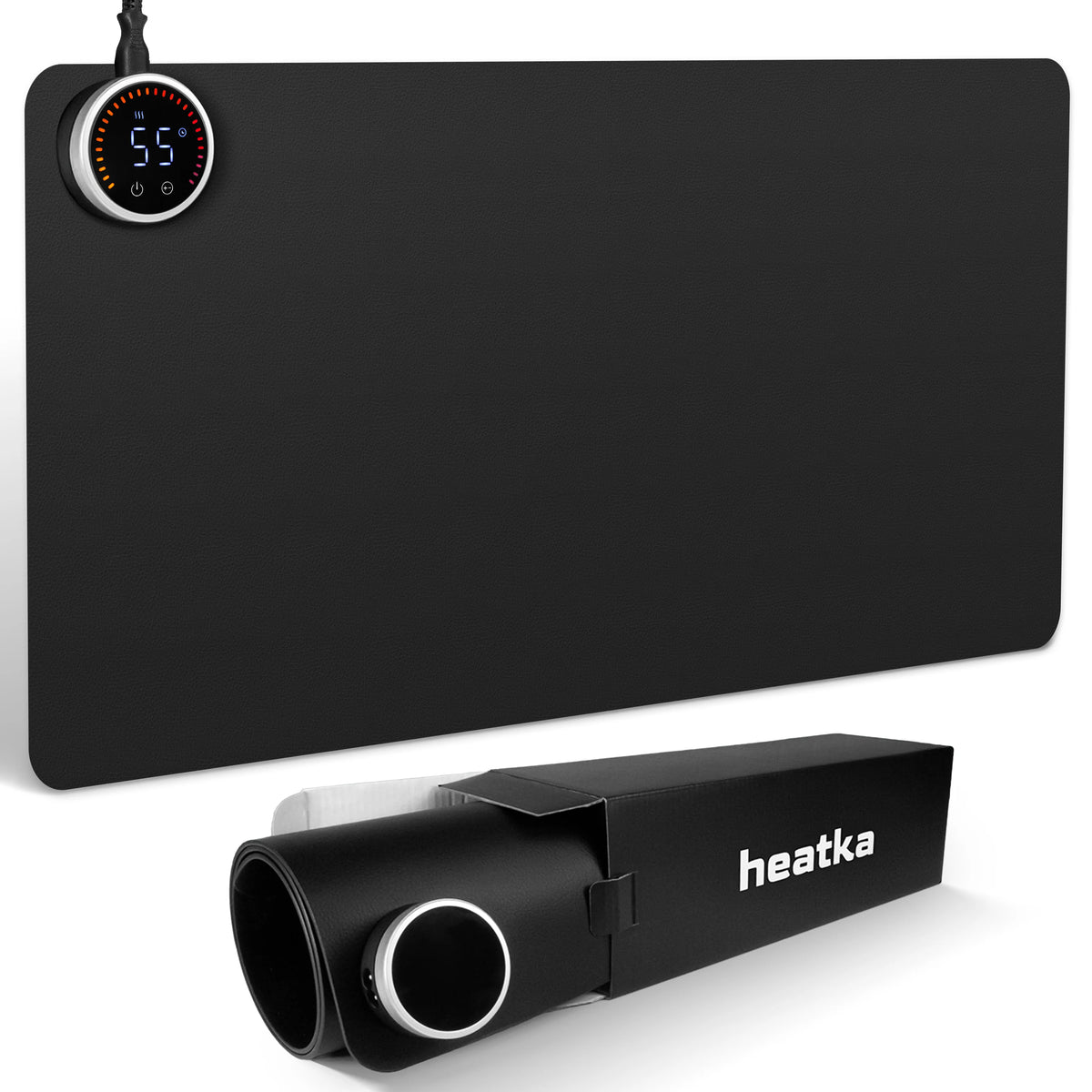 Black heatka heating pad with digital display and &#39;heatka&#39; branding on a white background