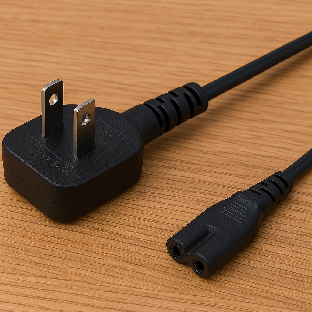 Black power cord with plug on a wooden surface